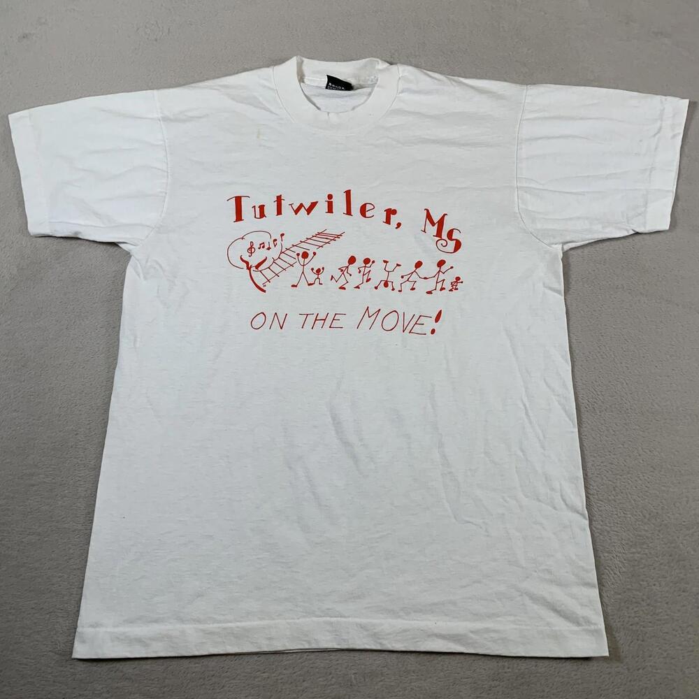 Vintage Tutwiler MS Shirt Mens Large White On The Move Music Art Graphic 90s USA